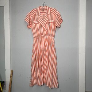 Vintage John Henry Orange White Striped Shirt Dress V-Neck Elastic Waist USA 80s